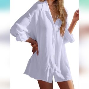 LARGE White Beach Cover Up Roll-up Sleeve Button Down Shirt Bathing Suit Coverup